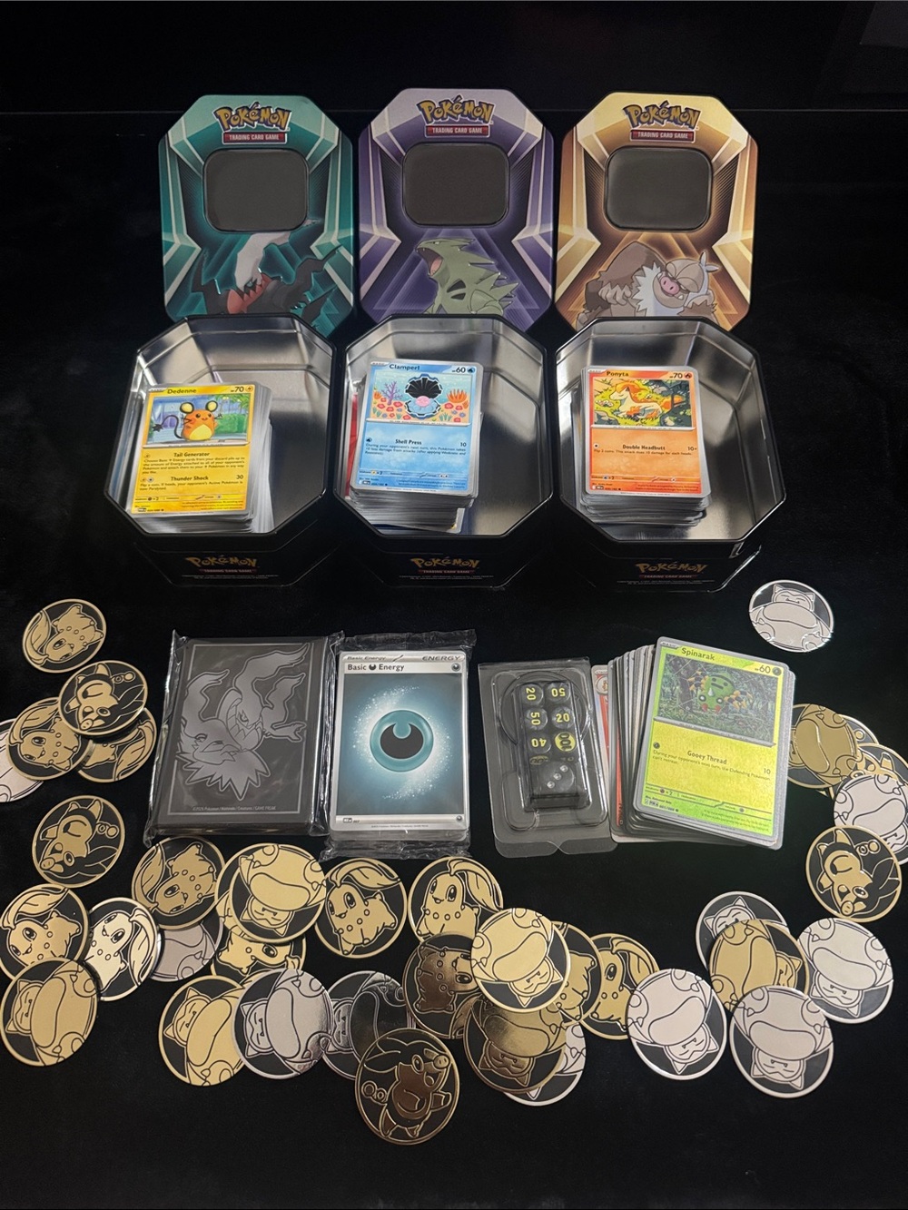 ALOT of Pokemon Tins & Card Lot with Coins and Dice!
